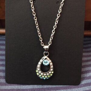 Teardrop Blue Rhinestone Charm  Silver Tone Fashion Necklace